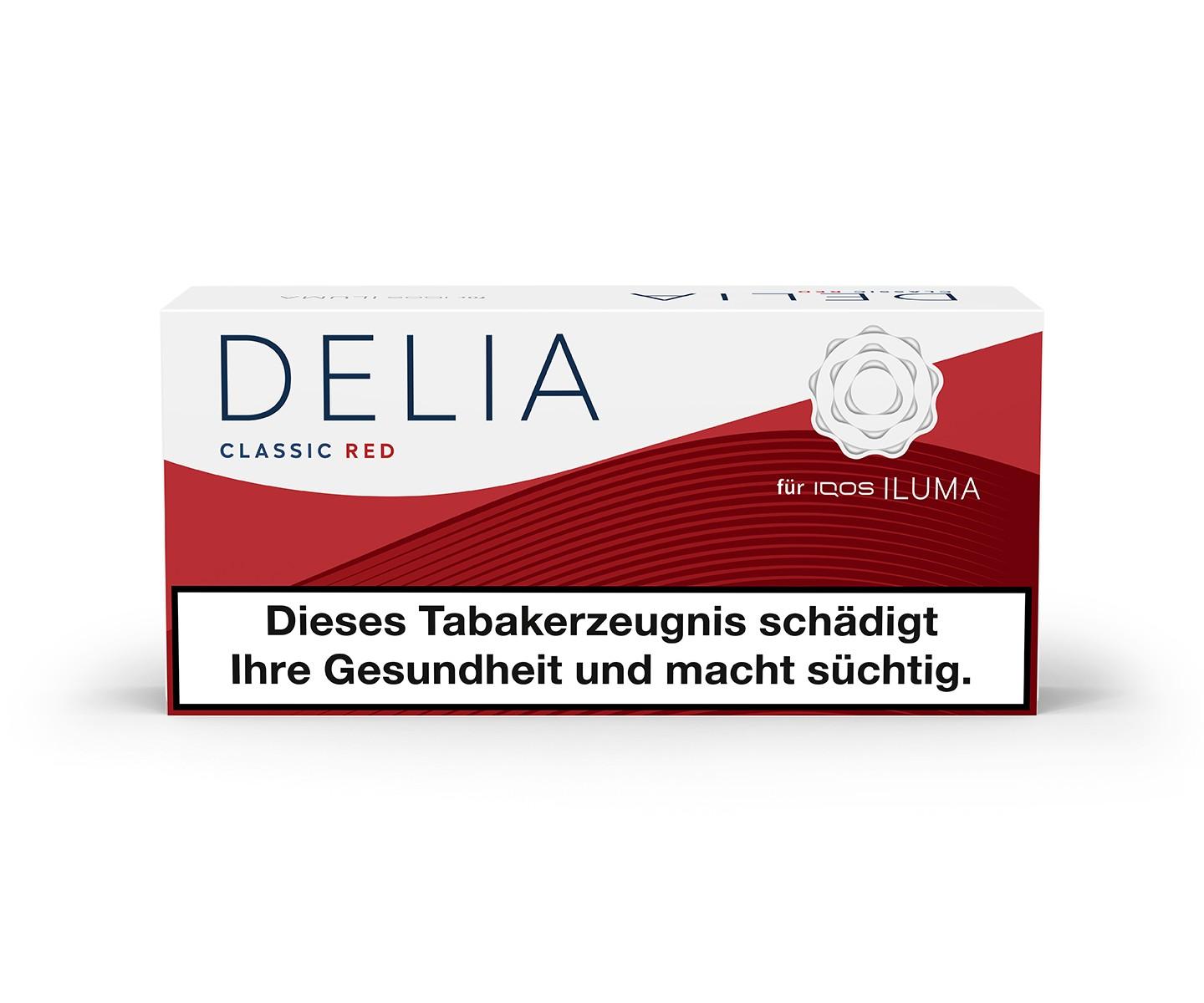 DELIA Classic Red Tabaksticks für IQOS Iluma Geräte, 10 Packungen zu je 20 Stück in weißer Verpackung mit rotem Wellen-Design und Warnhinweis.