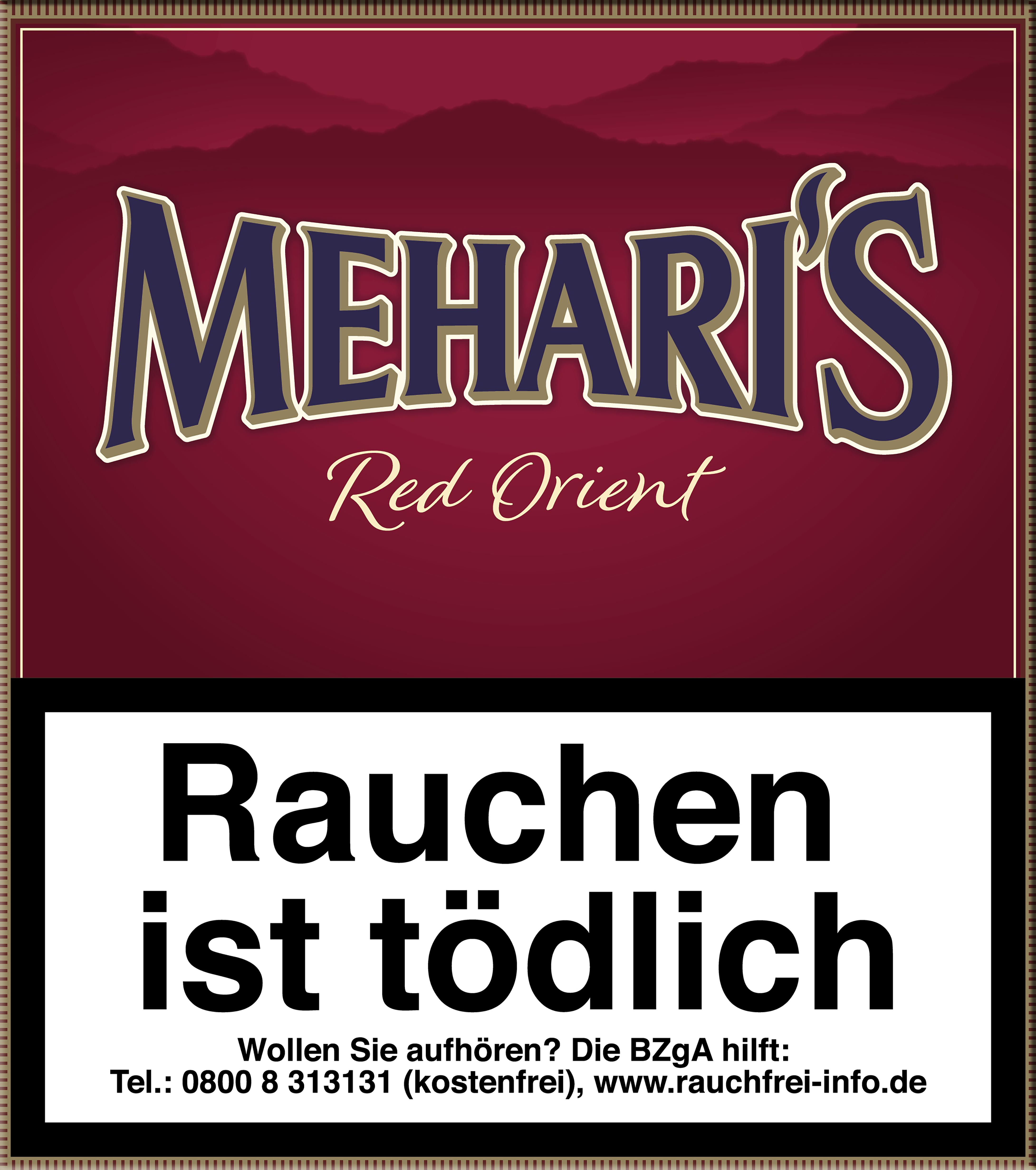 Rote Zigarettenpackung "Agio Meharis Zigarillos Red Orient" der Marke Meharis, 20 Stück. Das Etikett in Rot zeigt ein stilisiertes Bergmotiv auf dunkelrotem Grund. Der Markenname "MEEHARI'S" ist in Dunkelblau und der Zusatz "Red Oriental" in Hellblau darg