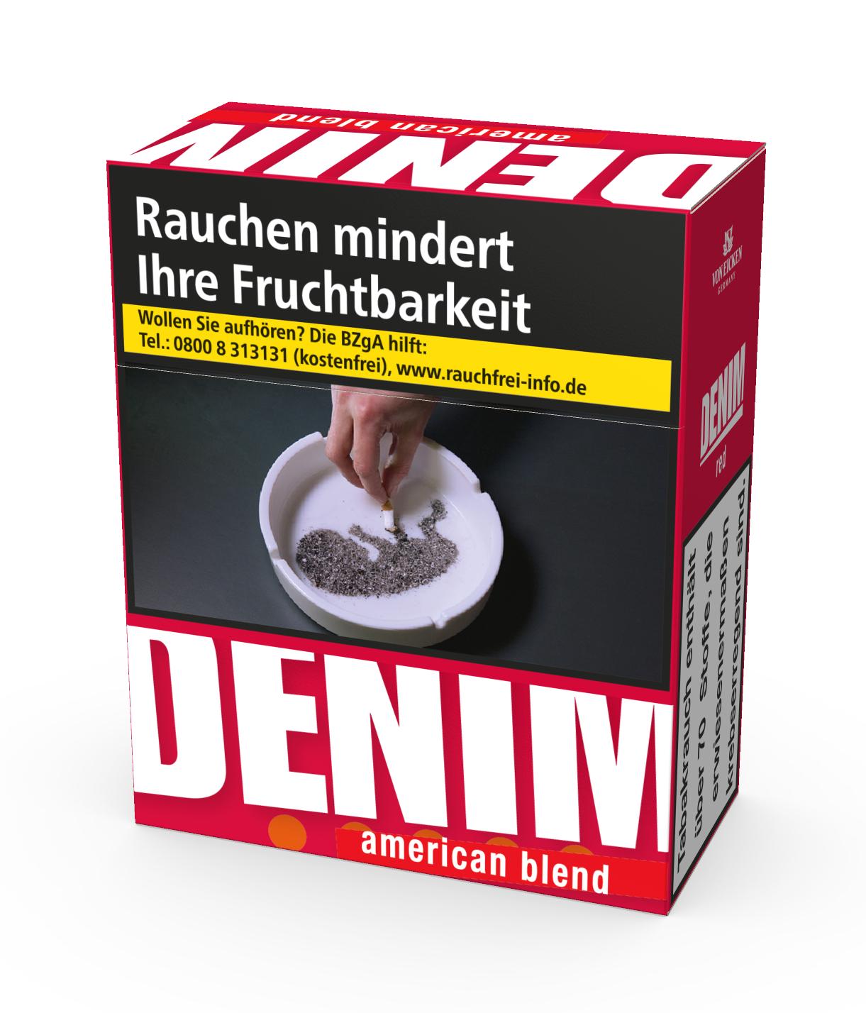 Eine rote Packung Denim Zigaretten Red 3XL, eine kräftigere American Blend Sorte, enthält 40 Stück.