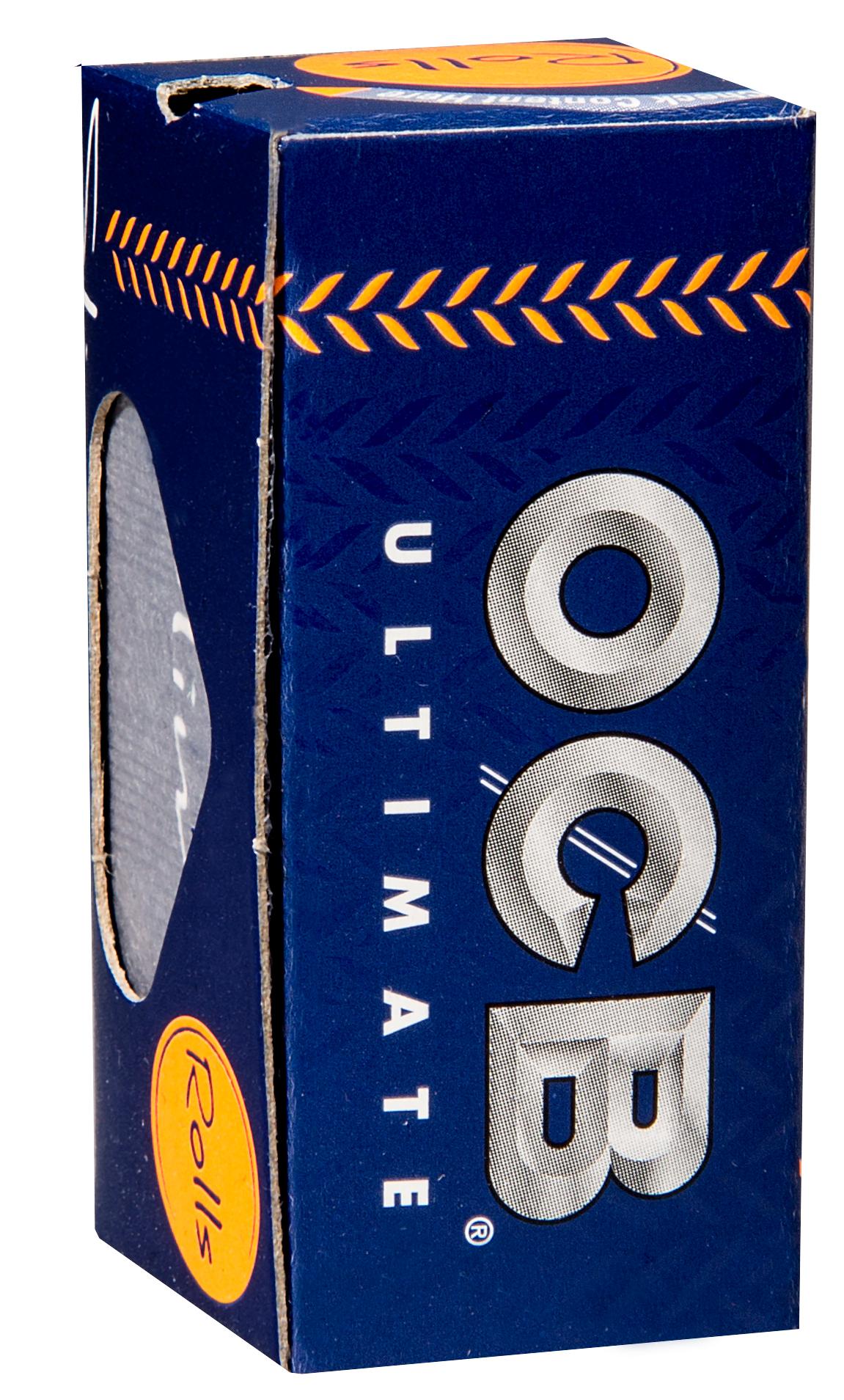 OCB Ultimate Rolls Rollpapier 1 Packung in blauer Schachtel mit orange-gelbem Diagonalmuster.