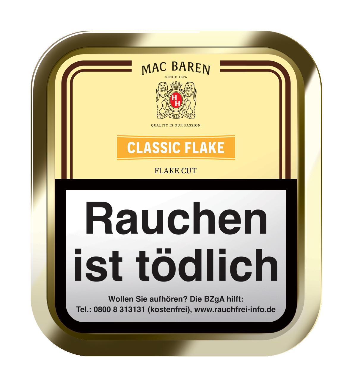 Goldene Metalldose des Mac Baren Classic Flake Pfeifentabaks im Flake Cut, geliefert als Stange mit 5 Packungen zu je 50 Gramm.