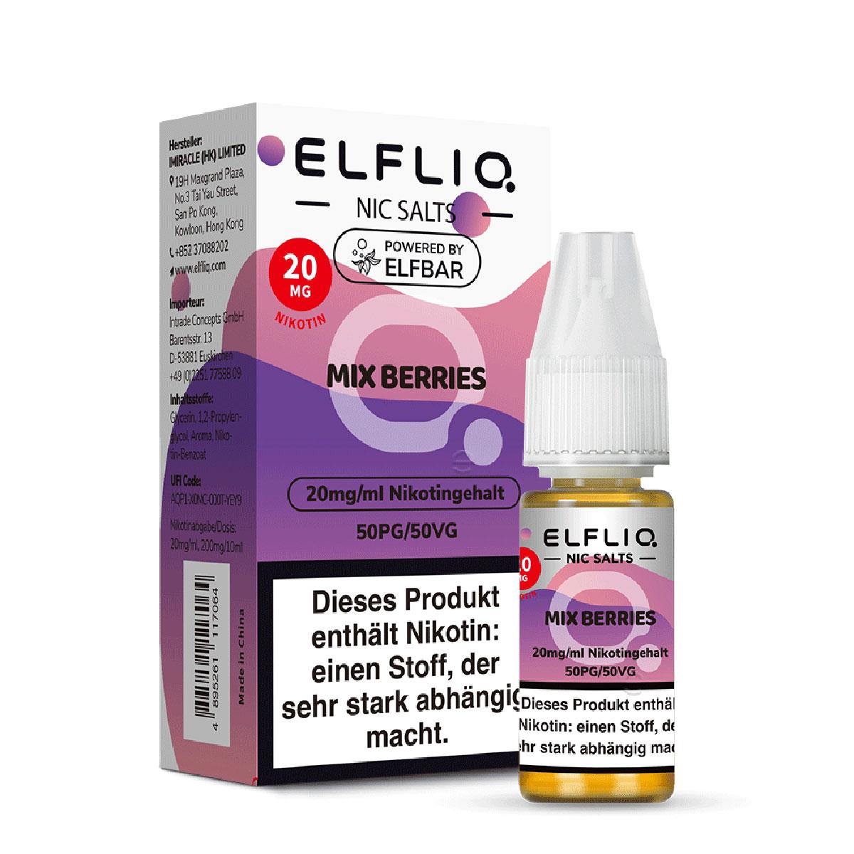 ELFLIQ by Elfbar Nikotinsalz-Liquid in der 10ml-Flasche mit 20mg/ml Nikotingehalt inklusive Umverpackung, geeignet für wiederbefüllbare E-Zigaretten.