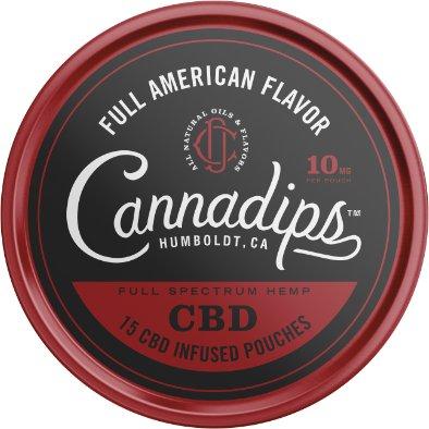 Schwarze und rote runde Dose Cannadips CBD Pouches Full American Flavor, enthält 15 Stück mit 10mg CBD pro Beutel.