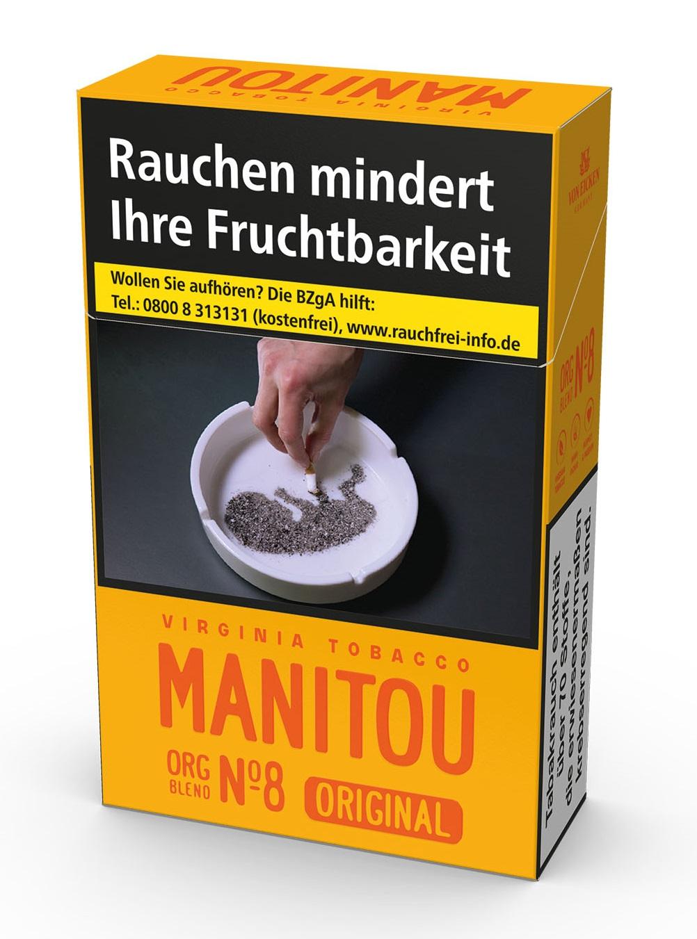 Manitou Zigaretten Organic No. 8 Gold 1 Packung aus zusatzfreiem Bio Virginia Tabak in gelb-oranger Packung mit schwarzem Etikett.
