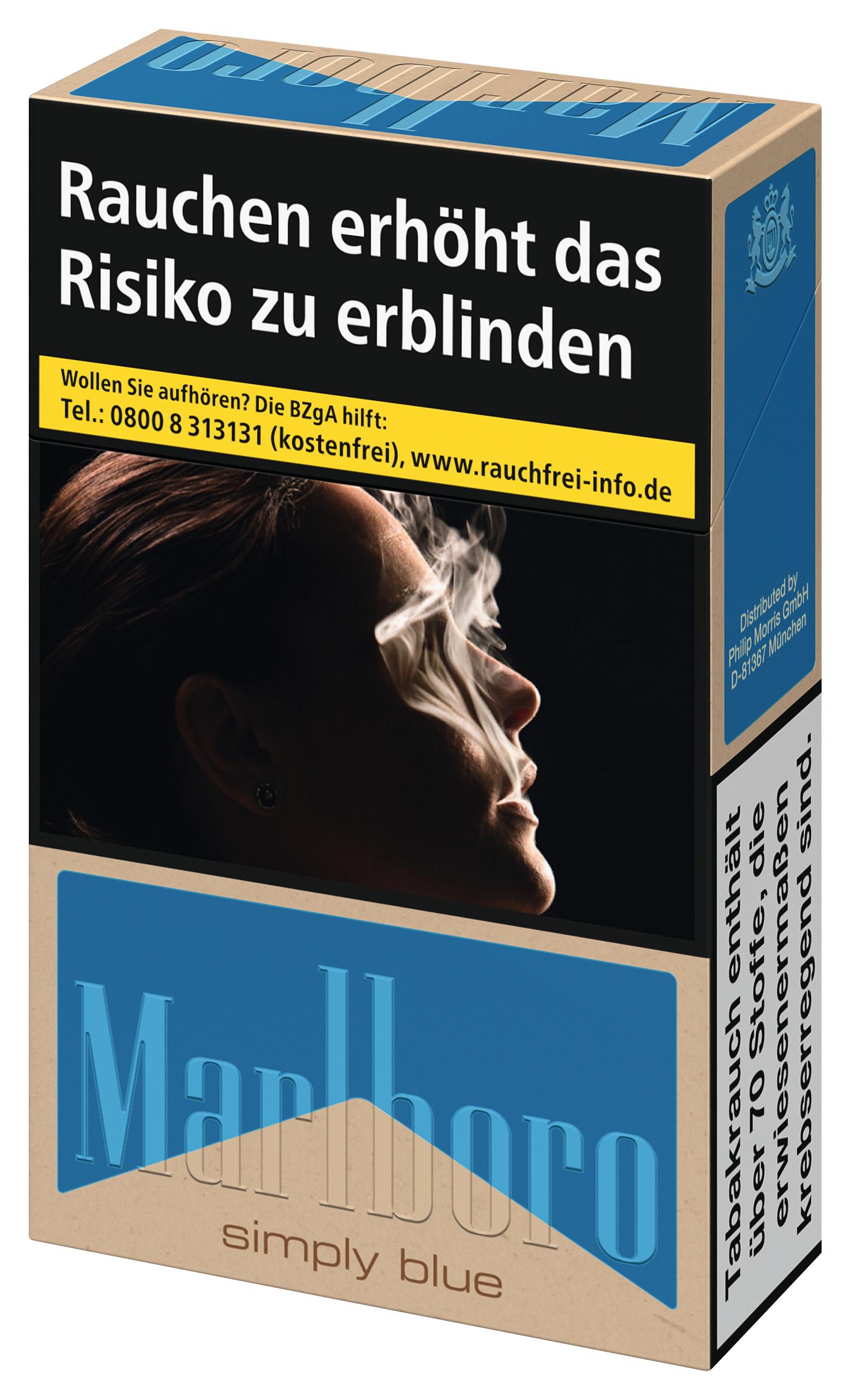 Packung Marlboro Simply Blue Zigaretten mit 20 Stück und ohne Zusatzstoffe.