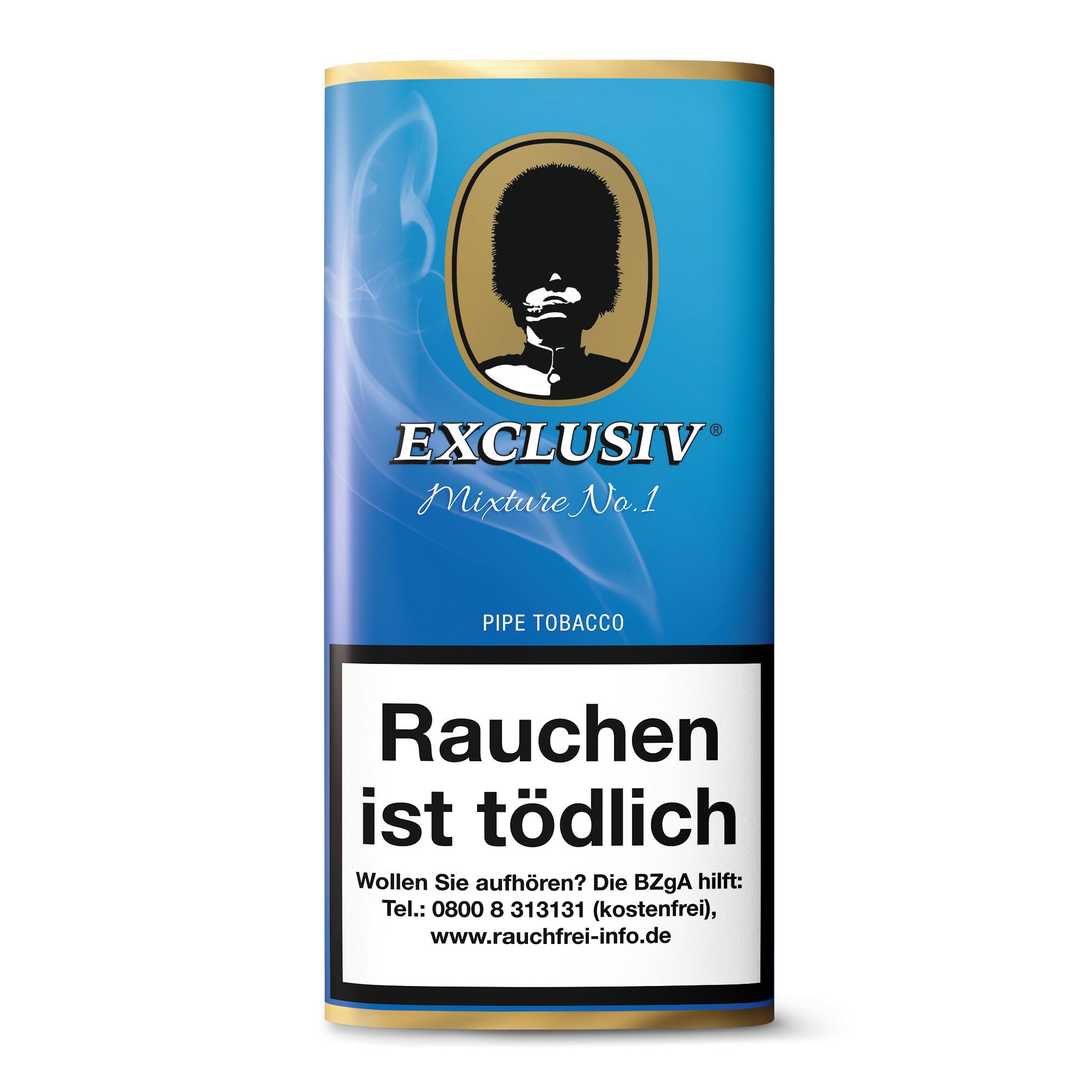 Blaue Dose Exclusiv Pfeifentabak Mixture No. 1 mit Logo-Silhouette eines Mannes, geliefert als Stange mit 5 Packungen zu je 50 Gramm.
