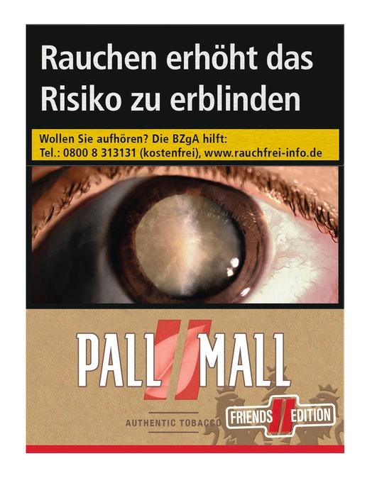 Pall Mall Authentic Red Zigaretten in der Giga Packung mit 26 Stück, ergänzt durch das gesetzliche Warnhinweis-Plakat zur Augengesundheit.