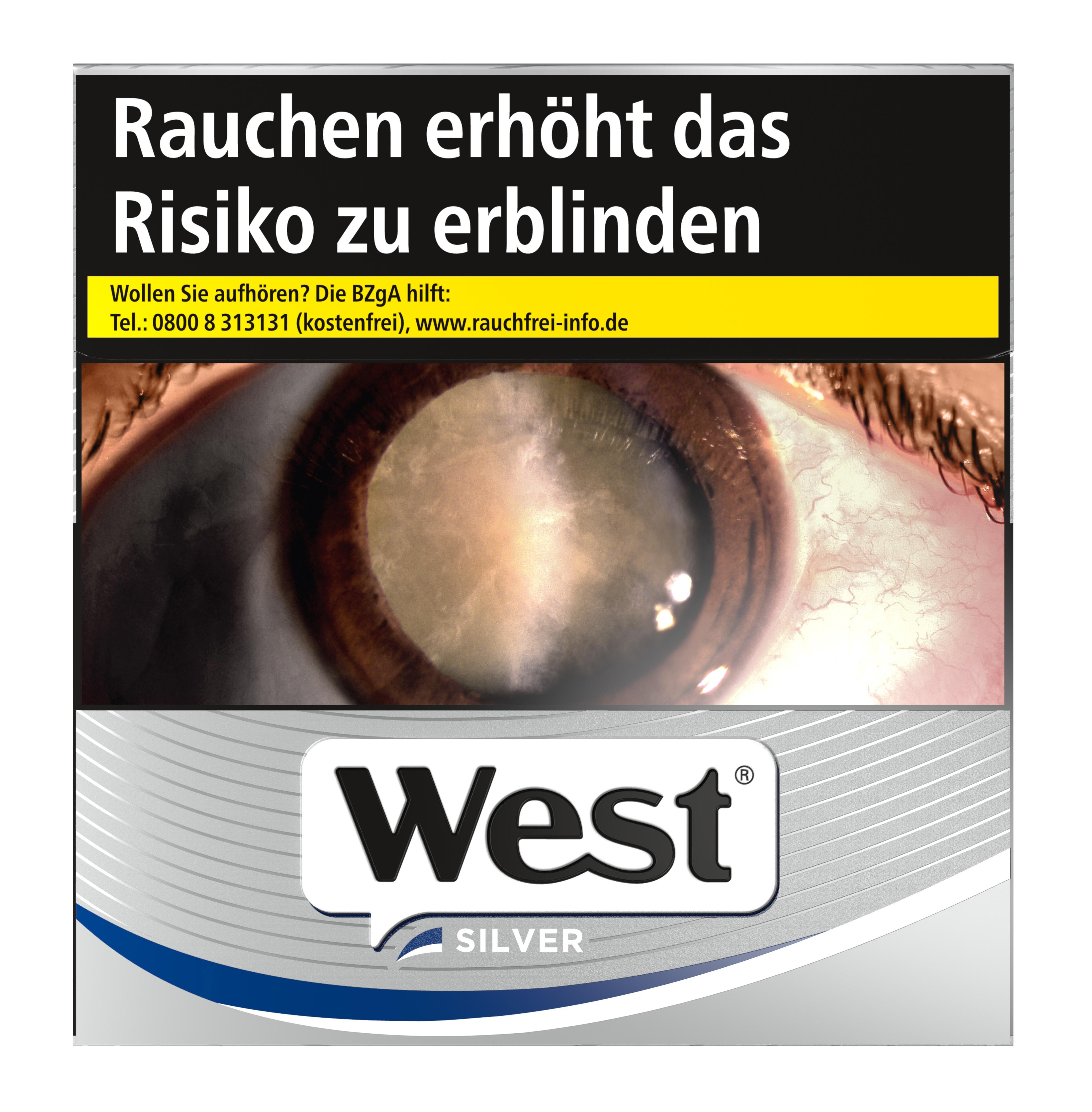 Eine Packung West Silver Zigaretten (55 Stück) von West, mit reduziertem Nikotingehalt, hergestellt aus Virginia, Burley und Orient Tabaken für feinwürzigem Geschmack.