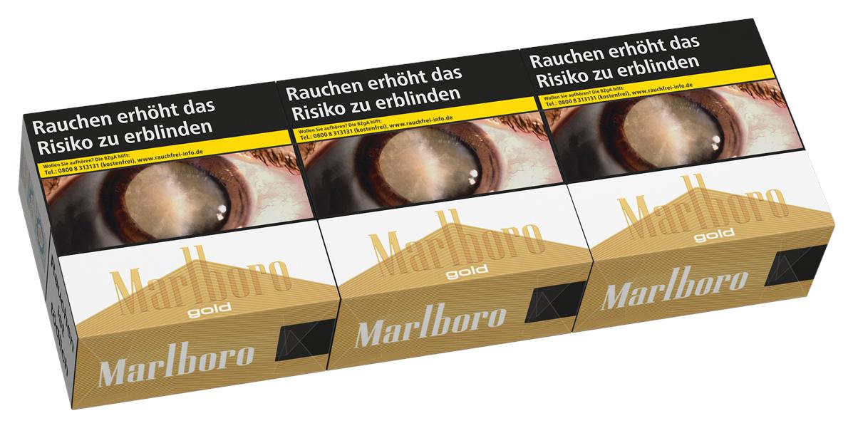 Marlboro Gold 7XL Zigaretten von Marlboro, 3 Packungen à 54 Stück, in goldener und schwarzer Verpackung mit Marlboro Logo und dem Warnhinweis "Rauchen erhöht das Risiko zu erblinden".