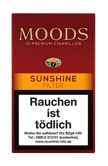 Packung Dannemann Moods Sunshine (sweet) Zigarillos, bestehend aus 10 Stück, mit süßlichem Aroma und Honigfilter in roter Verpackung mit goldenen Akzenten und dem Moods-Logo.