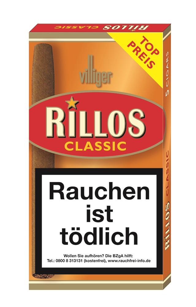 Villiger Rillos Classic Zigarillos, Packung mit 5 Stück, in einer orange-schwarzen Verpackung mit Warnhinweis und Herstellerangaben.