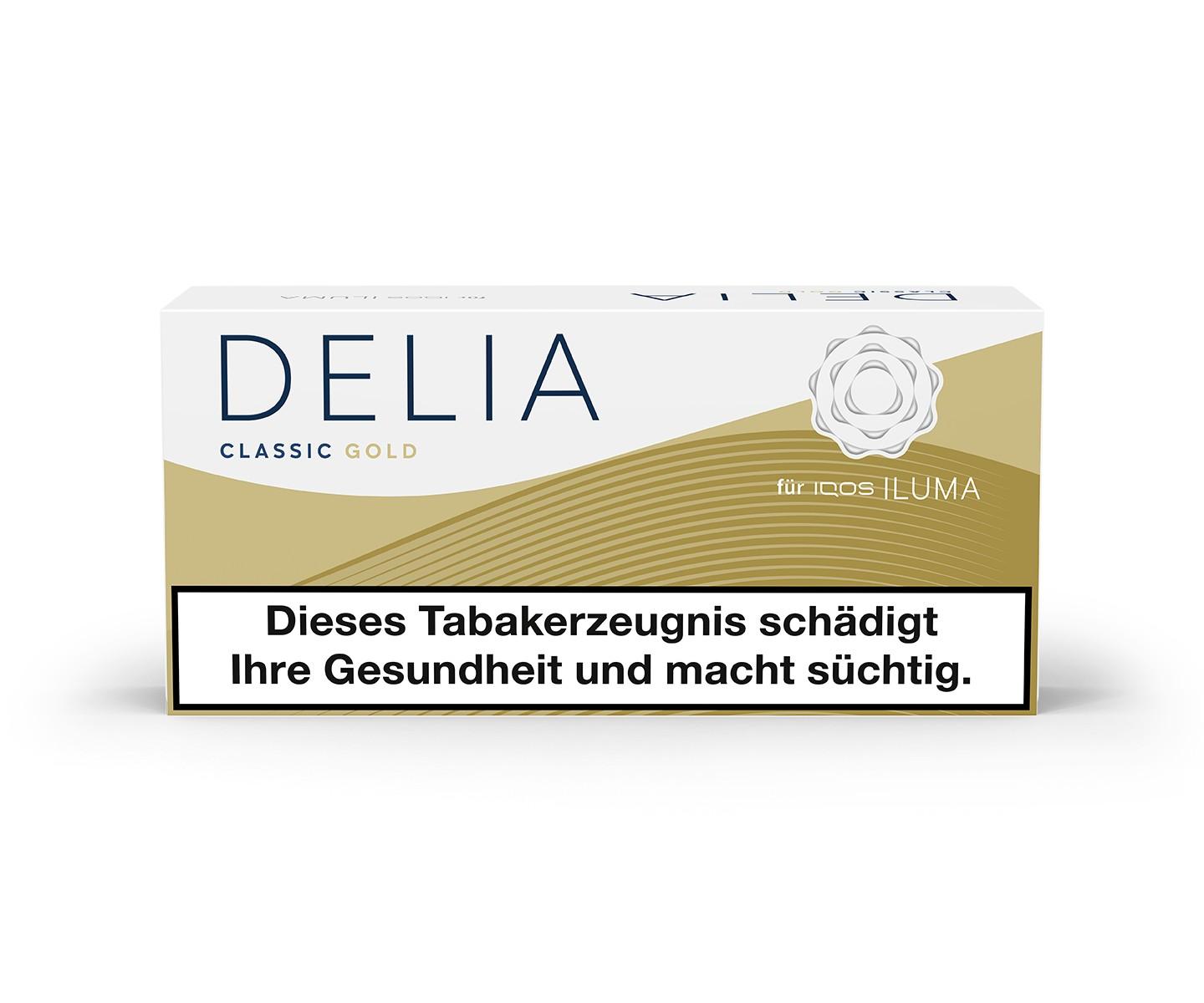 DELIA Classic Gold Tabaksticks, 10 Packungen zu je 20 Stück, in weißer Verpackung mit goldener Borte und blauem Markenschriftzug für IQOS Iluma.