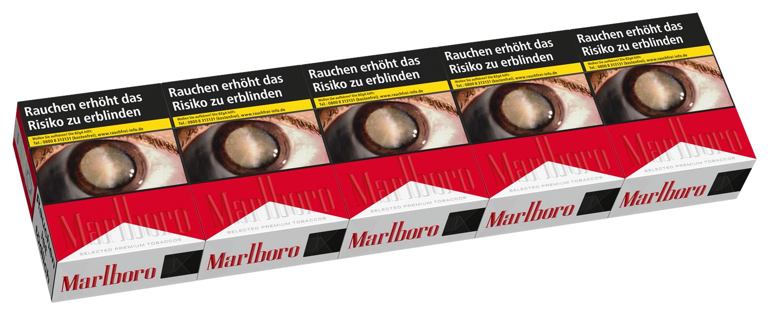 Stange Marlboro Red Zigaretten, bestehend aus fünf Packungen à 38 Stück. Die rot-weiße Packung zeigt das Marlboro-Logo und den Warnhinweis "Rauchen erhöht das Risiko zu erblinden".