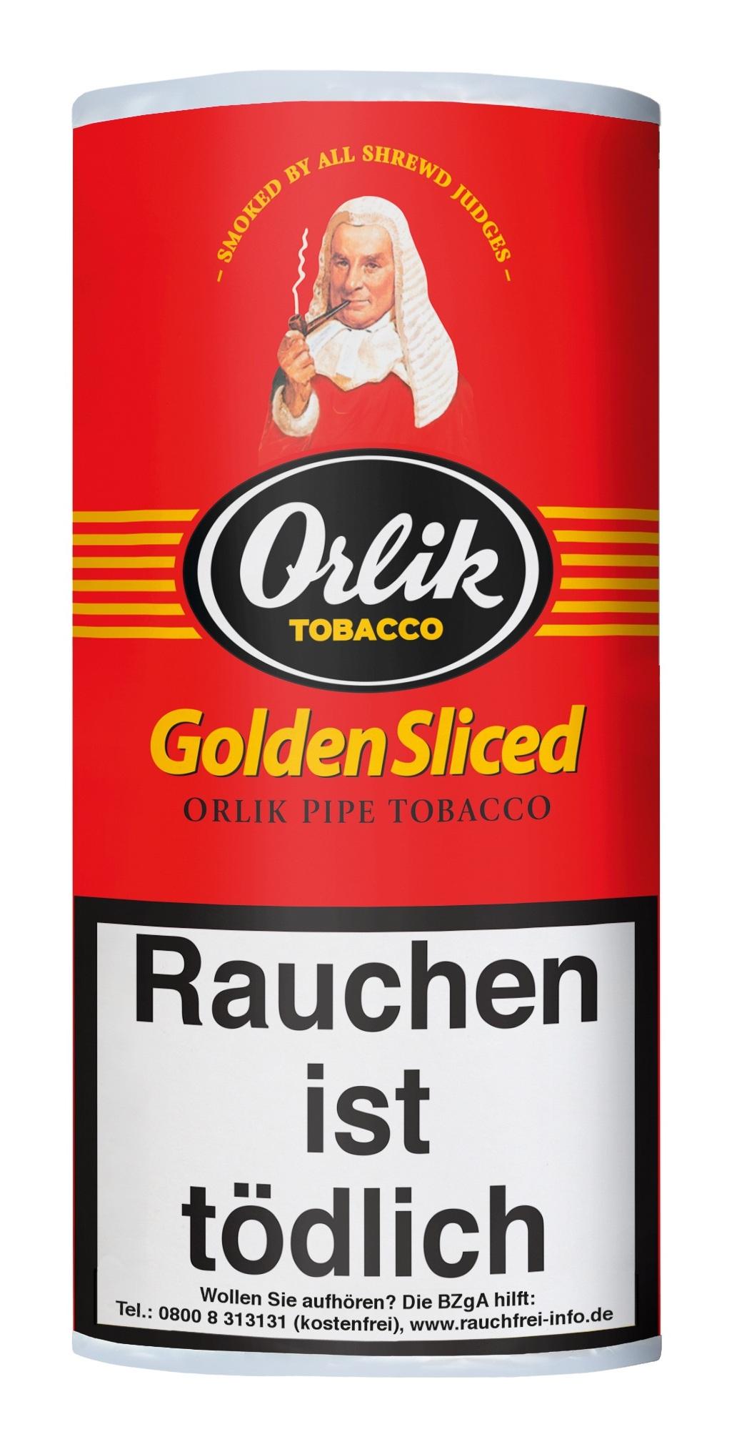 Roter zylindrischer Behälter von Orlik Golden Sliced Pfeifentabak mit einer Abbildung einer robenbekleideten Figur, geliefert in 5 Packungen á 50 Gramm.