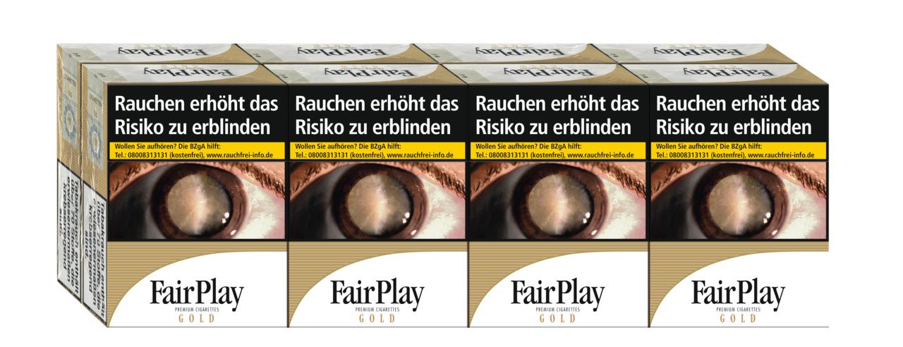 Stange Fair Play Gold XXL Zigaretten von FairPlay, bestehend aus 8 Packungen à 24 Stück in gold-weißer Verpackung mit markantem Augenmotiv.
