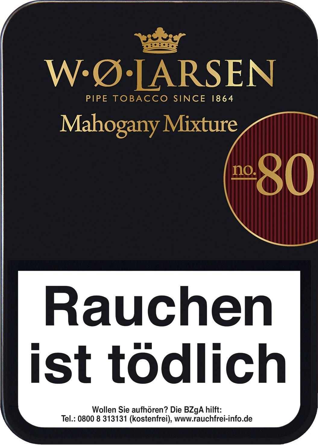 100-Gramm-Packung W.O. Larsen Pfeifentabak Mahagony Mixture No. 80 in schwarzer, rechteckiger Dose mit goldenem Kronenlogo. Aromatische Pfeifentabakmischung mit Virginia, Black Cavendish und Burley, verfeinert mit Kaffee- und Karamellnoten.