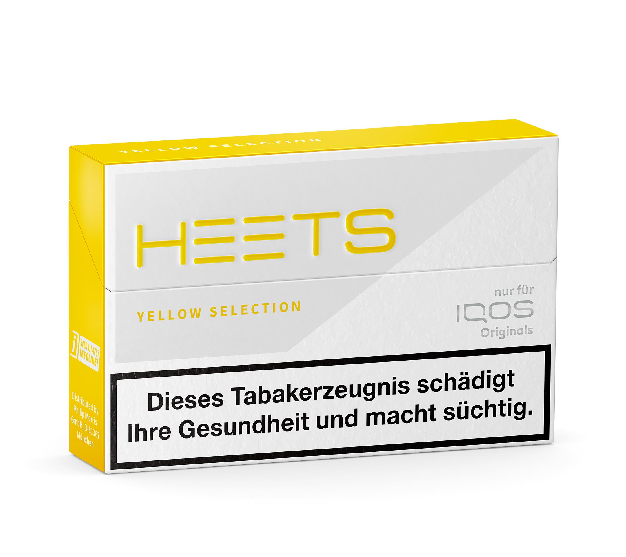 Weisse Packung HEETS Yellow Selection für IQOS Originals mit gelbem oberen Bereich und Logo.