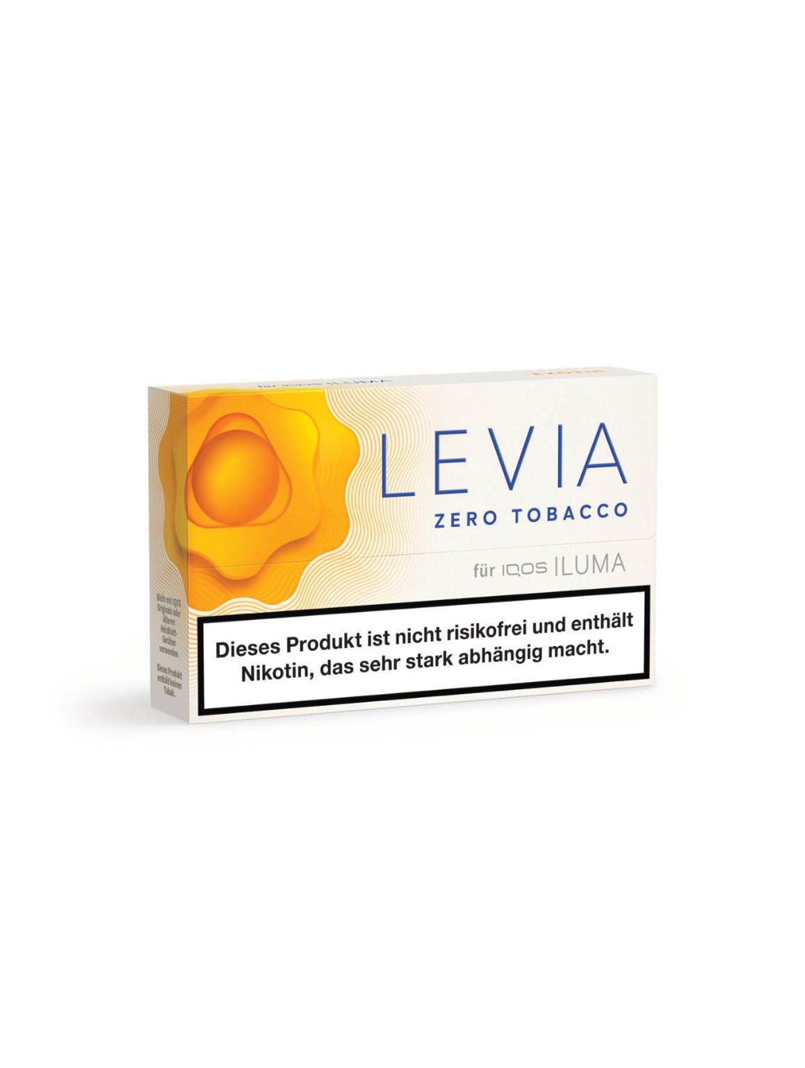 Weiße Schachtel LEVIA Exotic mit 20 tabakfreien Sticks für IQOS ILUMA Geräte, inklusive gesetzlichem Warnhinweis zur Nikotinabhängigkeit.