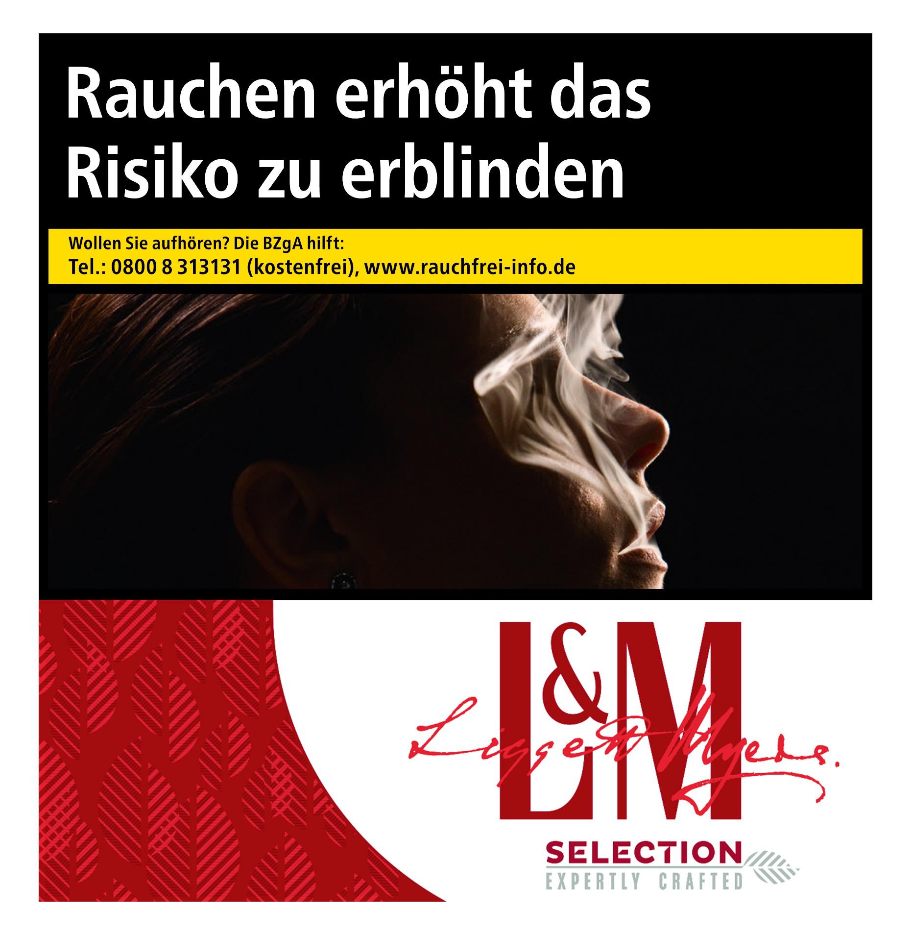 Eine Packung L&M Selection Red Zigaretten mit 60 Stück Inhalt, die den gesetzlichen Warnhinweis zur Raucherentwöhnung trägt.
