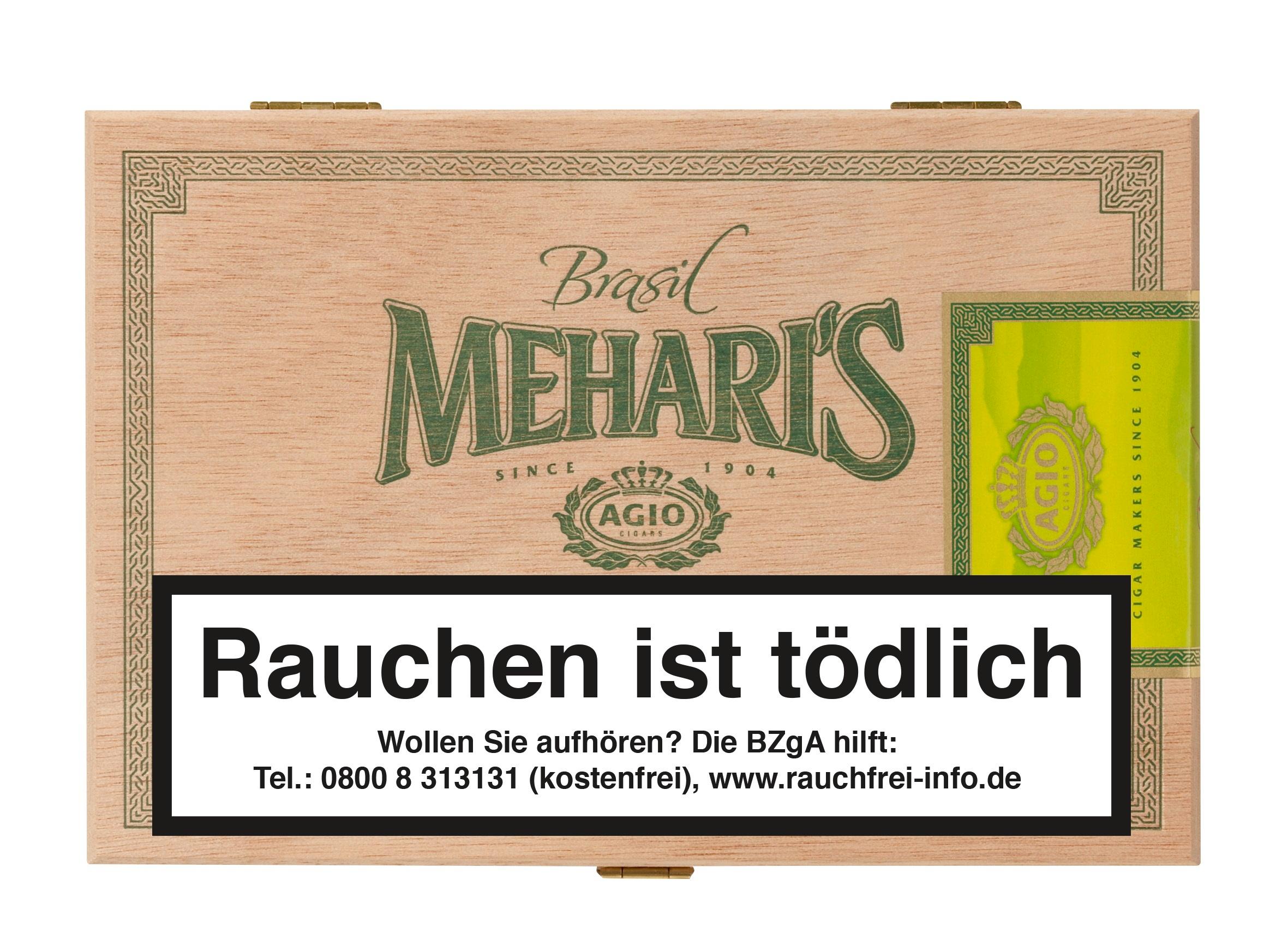 Hellbraune Holzkiste Meharis Brasil, 50 Stück, mit grün-goldenem Herstellerlabel und schwarzem Warnhinweis "Rauchen ist tödlich".