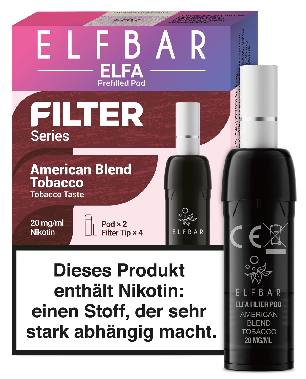 Elfa Filter Pods American Blend Tobacco von Elfbar, 2 Stück, inklusive schwarzem Pod mit weißer Kappe und dazugehöriger Verpackung.