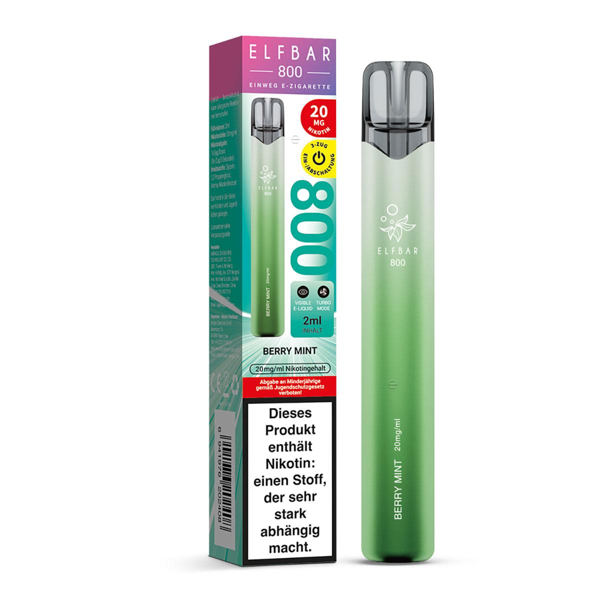Elfbar 800 E-Zigarette mit 20mg Nikotingehalt in der Originalverpackung, 1 Stück pro Packung inklusive Warnhinweisen zur Nikotinabhängigkeit.
