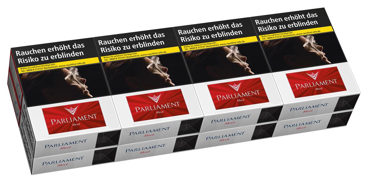 Produktfoto: Acht Packungen Parliament Red Zigaretten, gestapelt in zwei Reihen, mit Warnhinweisen und Herstellerangabe Parliament, Verpackungseinheit 8 Stangen.