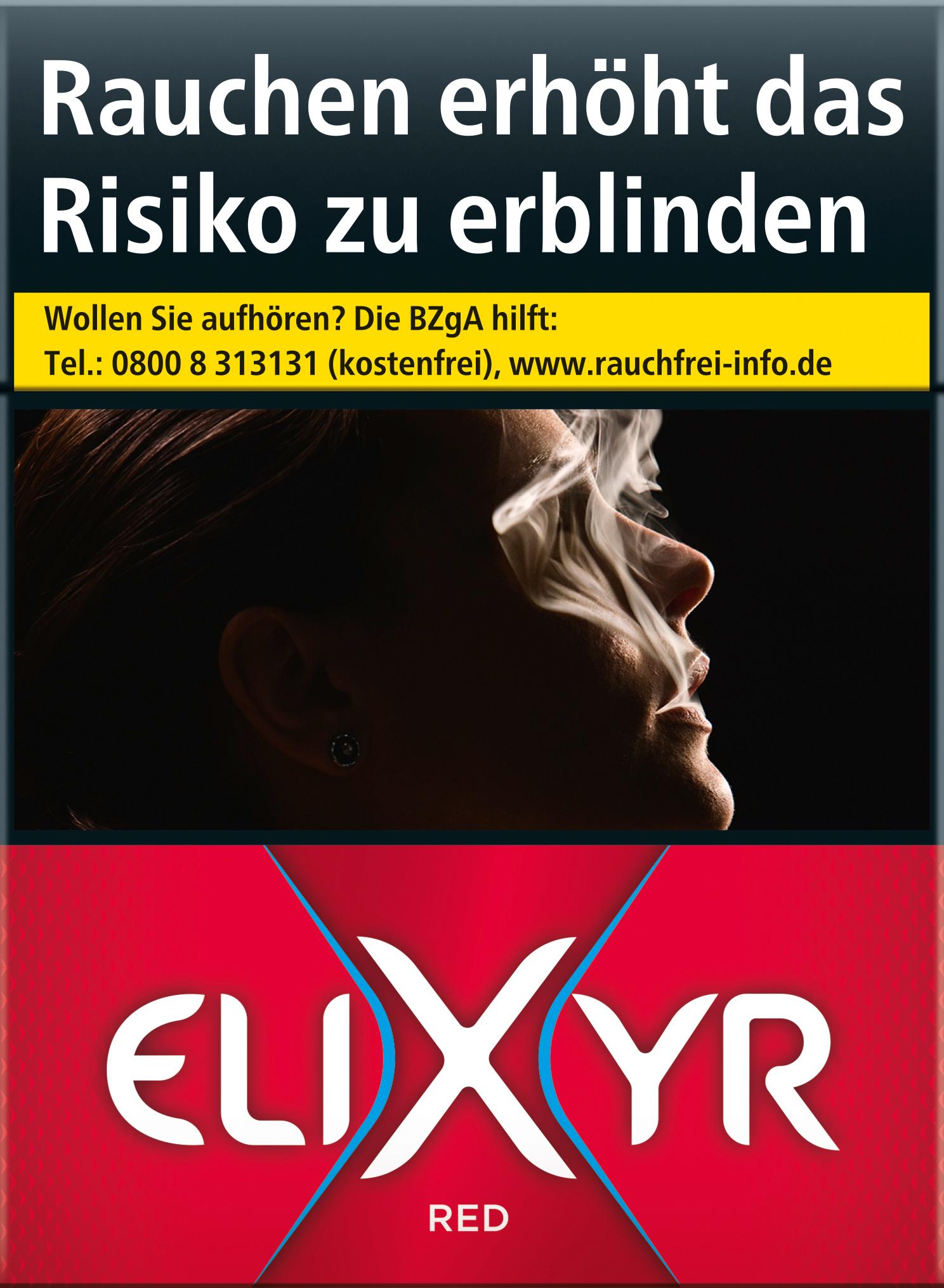 Elixyr Red XXL Zigaretten, die kräftigste Variante, in einer Stange mit 8 Packungen á 28 Stück, rote und schwarze Packung.
