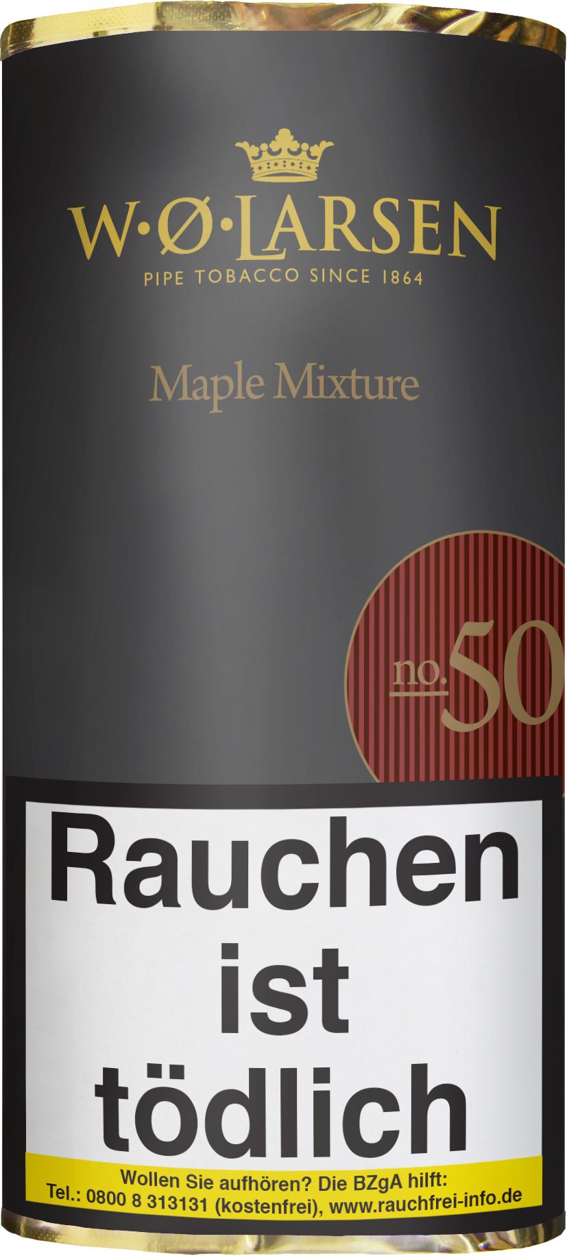 Schwarze Dose W.O. Larsen Pfeifentabak Maple Mixture No. 50, 50 Gramm Packung, mit goldener Krone und rot-weiß gestreiftem Etikett, das den Warnhinweis "Rauchen ist tödlich" und den Markennamen seit 1864 zeigt.