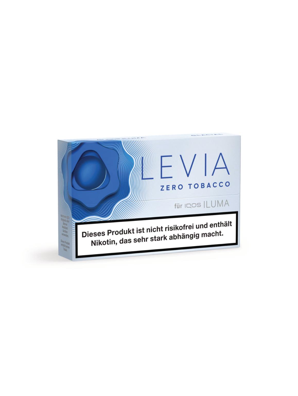 LEVIA Glacial Tabaksticks für IQOS ILUMA in einer Packung mit 20 Stück, gestaltet in Hellblau und Weiß mit floralem Design.