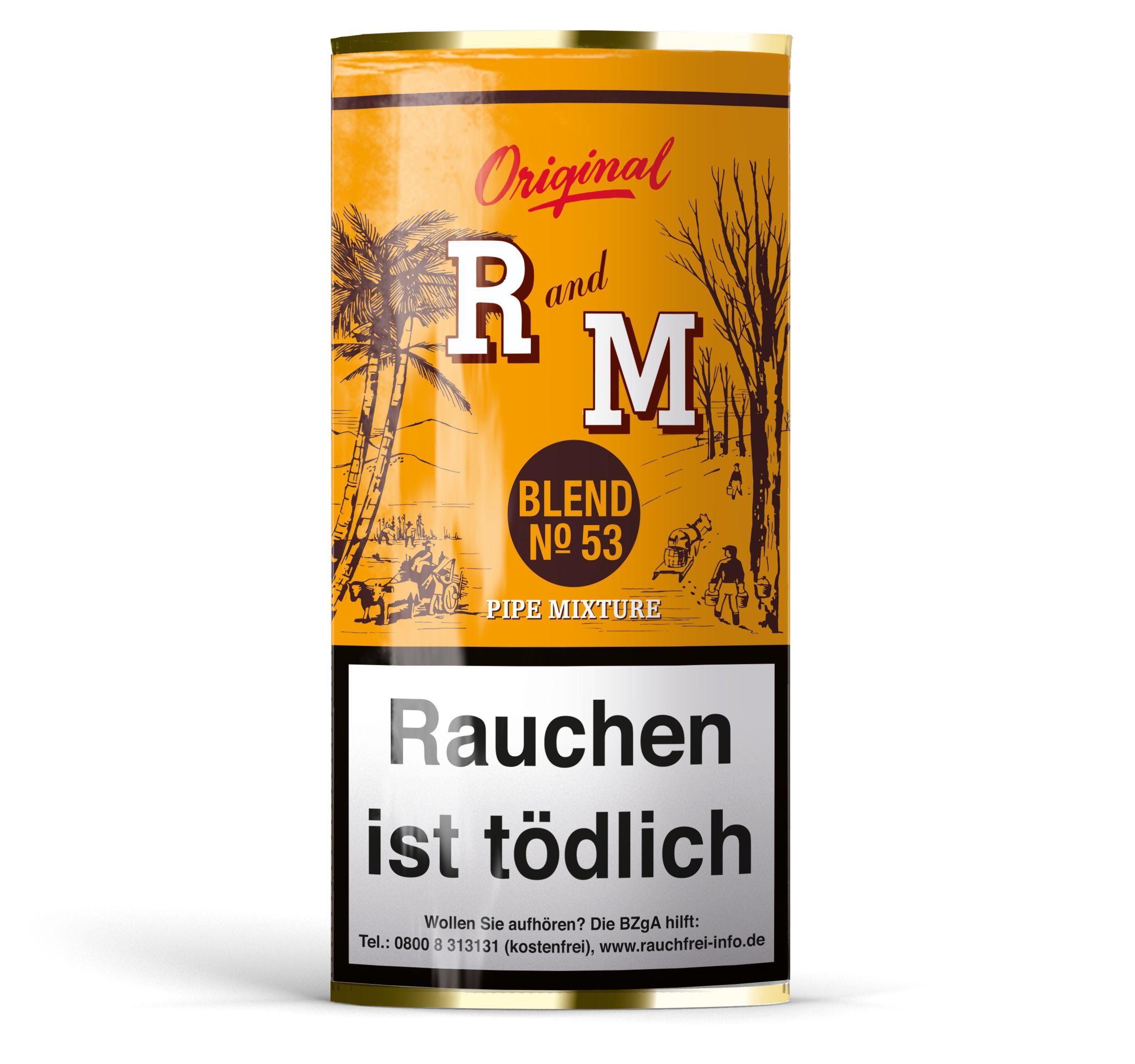 Rum and Maple Pfeifentabak aus Virginia, Burley und Cavendish, 5 Packungen à 50 Gramm, in zylindrischer orangefarbener Dose.