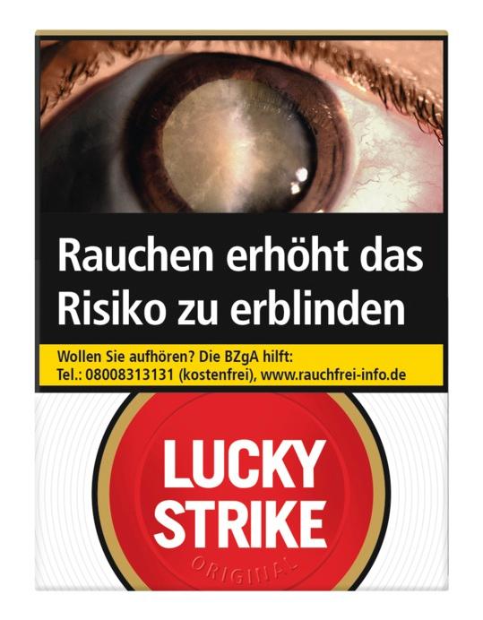 Lucky Strike Red Zigaretten ohne Filter Packung mit 20 Stück, weißes Design mit rotem Label und Gesundheitswarnung.