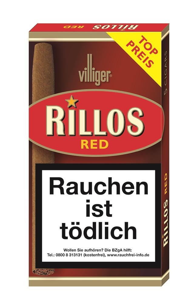 Villiger Rillos Red Zigarillos, 10 Packungen mit je 5 Stück, in einer roten Schachtel mit goldfarbenen Akzenten und gesetzlichem Warnhinweis.