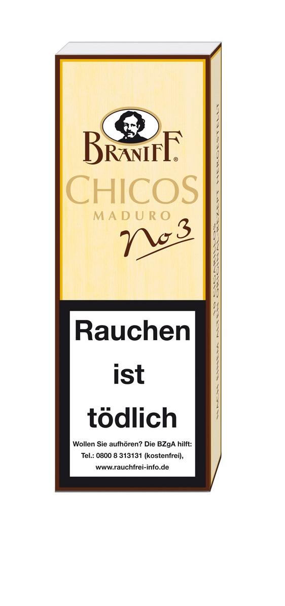 Gelbe Packung Braniff No. 3 Chicos Zigarillos mit braunem Rand, enthält 10 Stück. Die Zigarillo-Schachtel zeigt den Markennamen "Braniif" in stilisierter Schrift, die Produktbezeichnung "Chicos Maduro No 3", einen Warnhinweis zum Rauchen und den Schriftzu