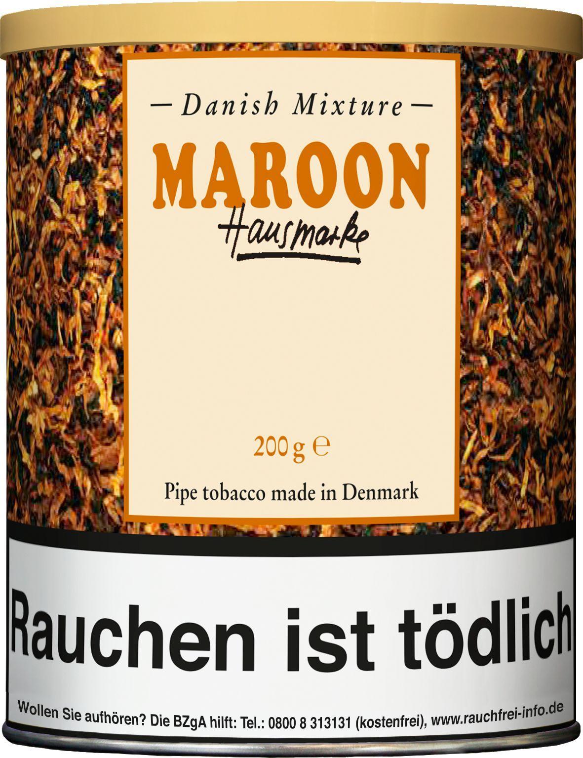 Dänische Hausmarke Maroon Pfeifentabak, 200 Gramm Dose, traditionelle dänisch-aromatische Mischung mit Schokoladen-Nuss Note.