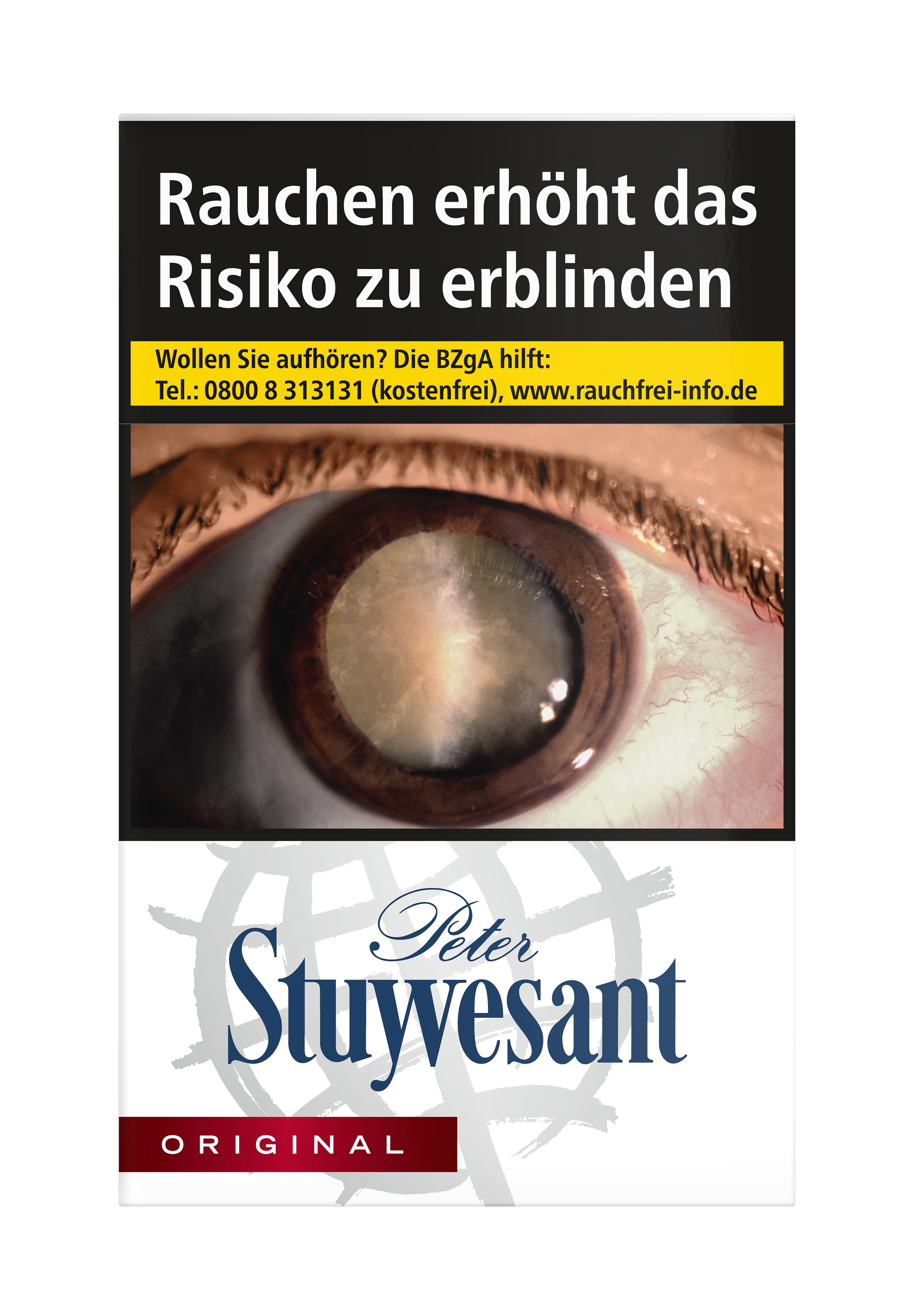 Eine Packung Peter Stuyvesant Original Zigaretten, 20 Stück, mit weißer Verpackung, blauem Markennamen, rotem Schiffsrad-Design und einem auffälligen Augen-Symbol auf der Oberseite.