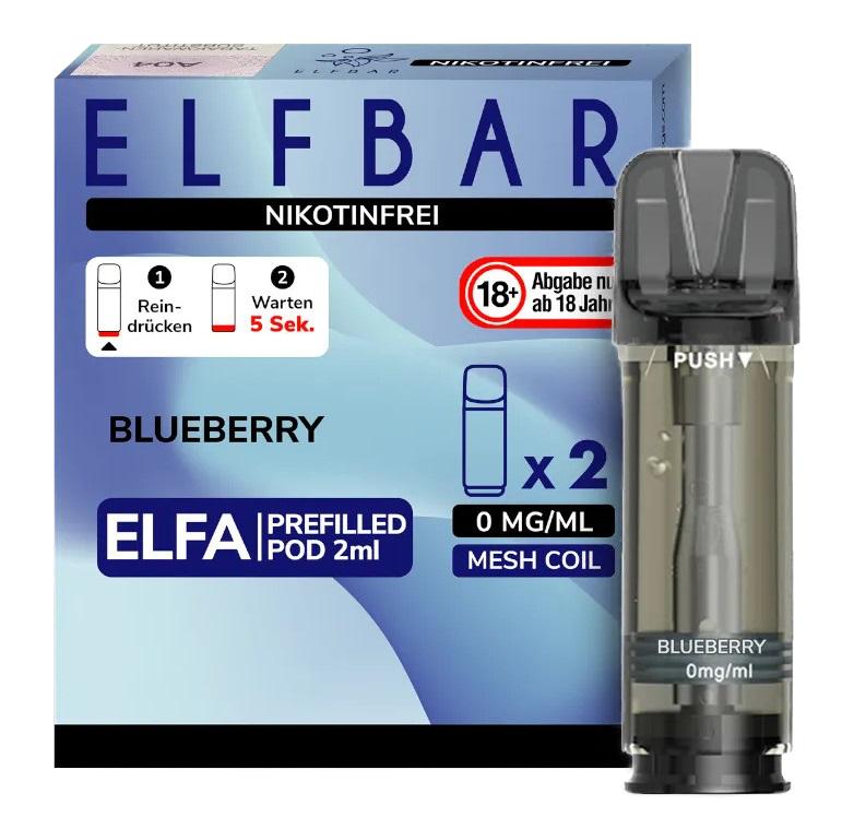 Blaue Elfbar ELFA Pod Verpackung mit zwei nikotinfreien Liquid-Pods, 2 ml Füllvolumen pro Stück und Mesh-Coil-Technologie.