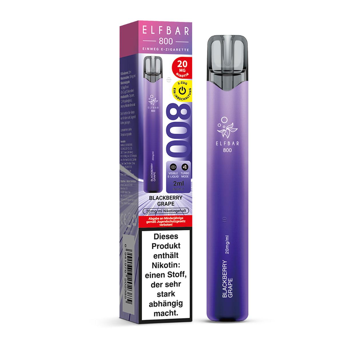 Lila Elfbar 800 E-Zigarette in der Originalverpackung mit 20 mg/ml Nikotingehalt, 800 Zügen und Liquidstandsanzeige, Packung mit 1 Stück.