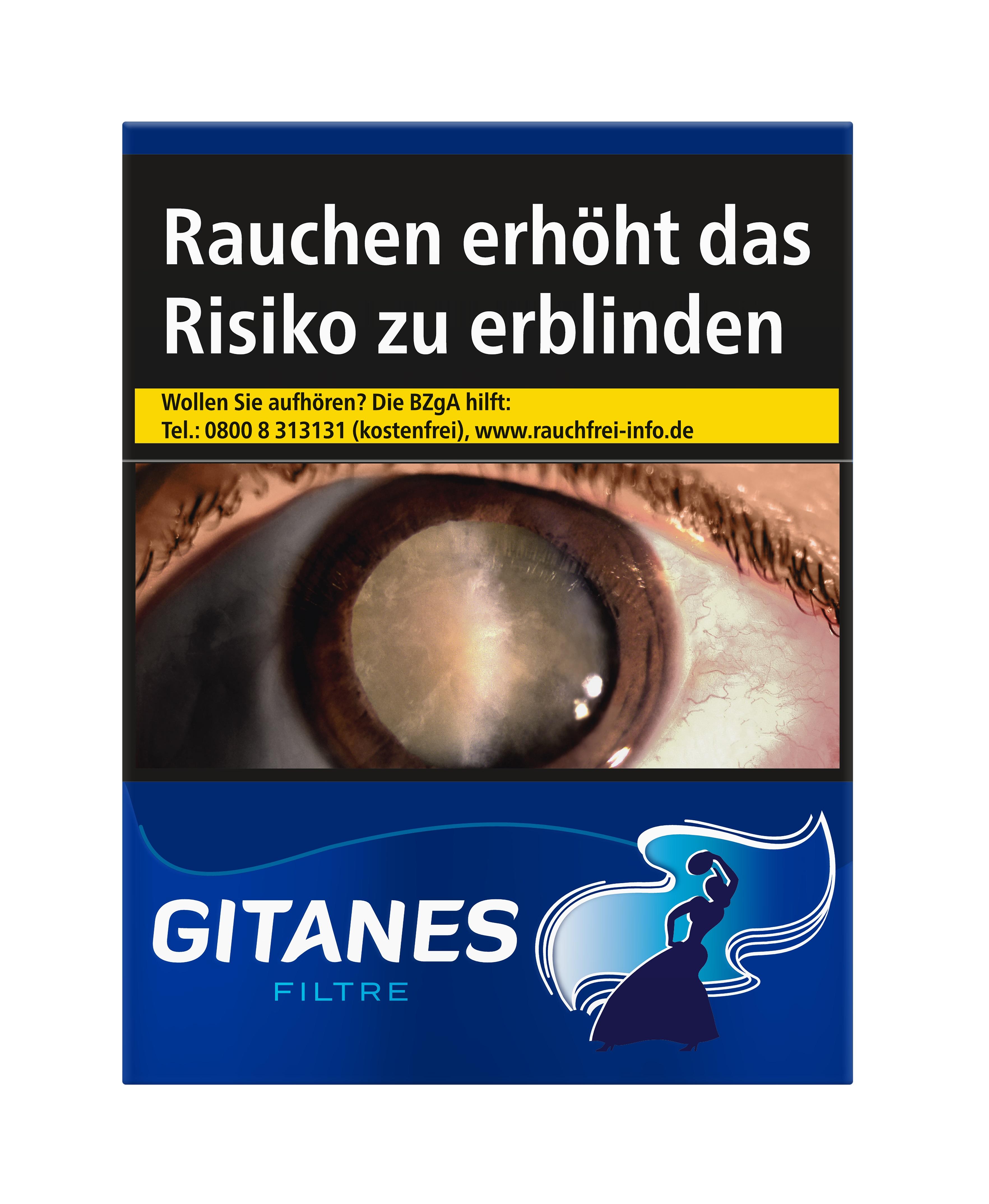 Gitanes Filtre Zigaretten, eine Stange bestehend aus 10 Packungen, in blauer Verpackung mit dem charakteristischen stilisierten Frauenbild.