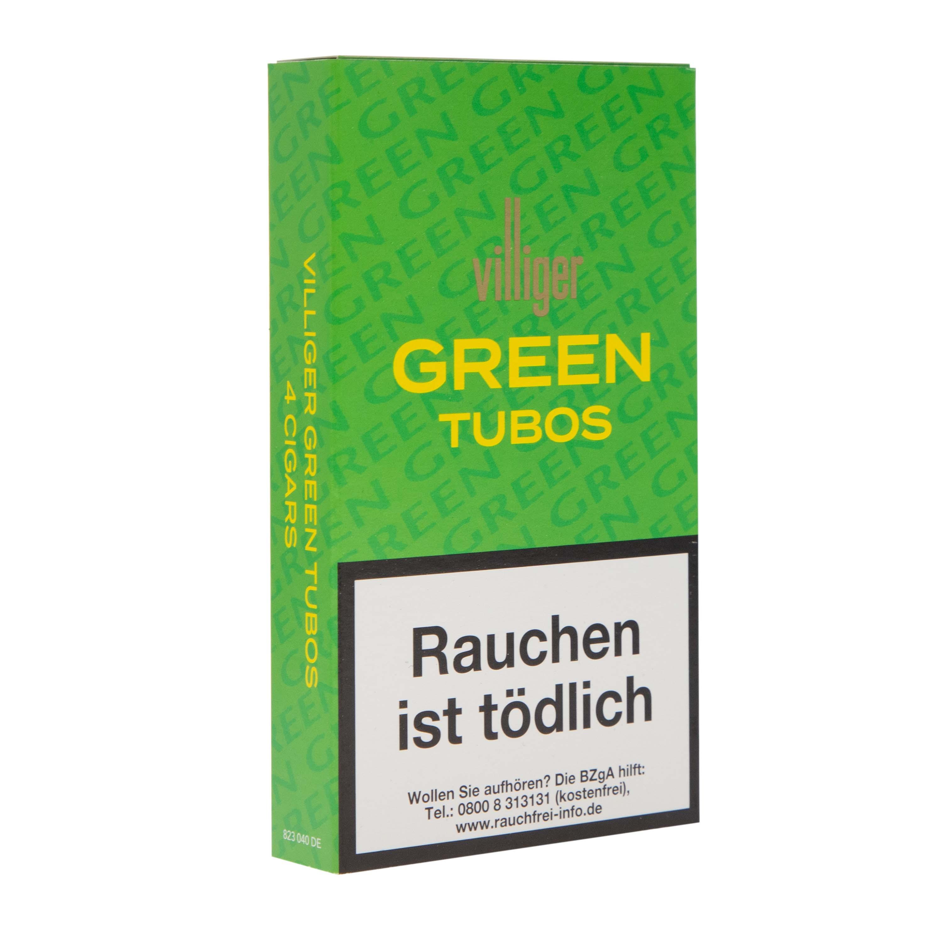 Villiger Green Tubos im Panetela-Format als Stange mit 20 einzelnen Aluminium-Tubos, verpackt in einer grünen Box mit Markenbeschriftung.