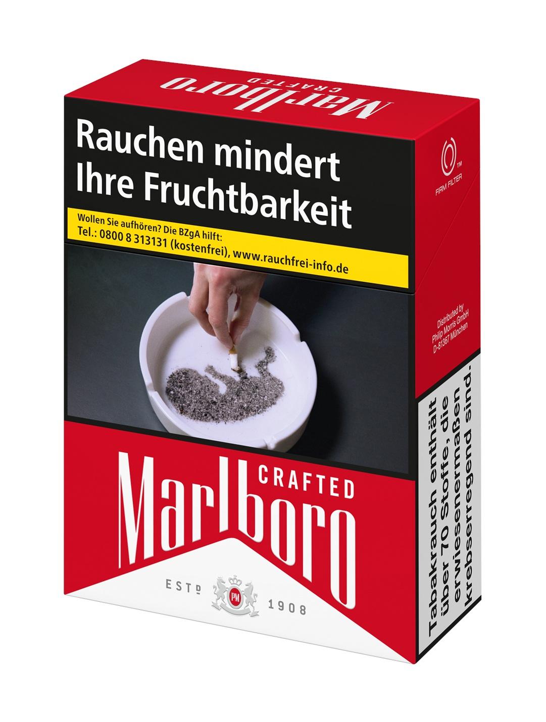 Marlboro Crafted Red XXL Zigarettenpackung mit 28 Stück Inhalt im klassischen rot-weißen Design inklusive obligatorischer gesetzlicher Warnhinweise.