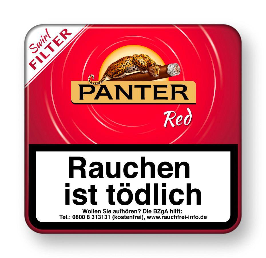 Rote Packung Panter Swirl Filter Red Zigarillos, 20 Stück, mit goldfarbenem Leopard-Logo und Warnhinweisen zum Rauchen.