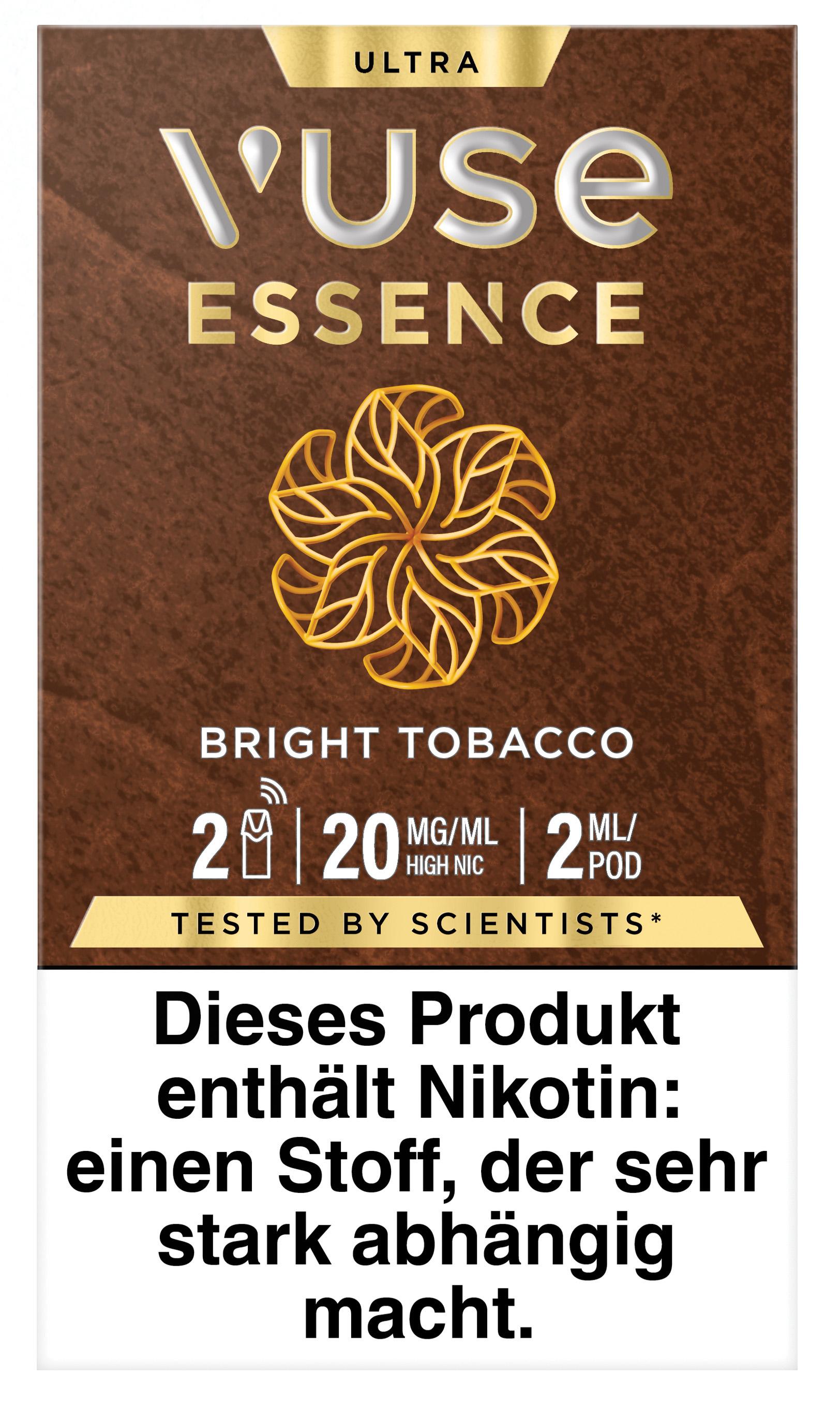 Vuse Ultra Bright Tobacco Pods mit 20 mg/ml Nikotingehalt in der braun-goldenen Verpackung, Packungsinhalt 2 Stück.