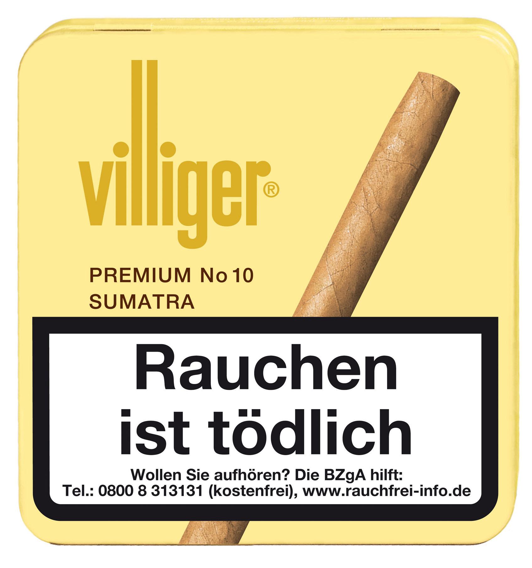 Villiger Zigarillos Premium No. 10 Sumatra in gelber Dose mit Sumatra Deckblatt, 1 Stange (5 Packungen á 20 Stück).