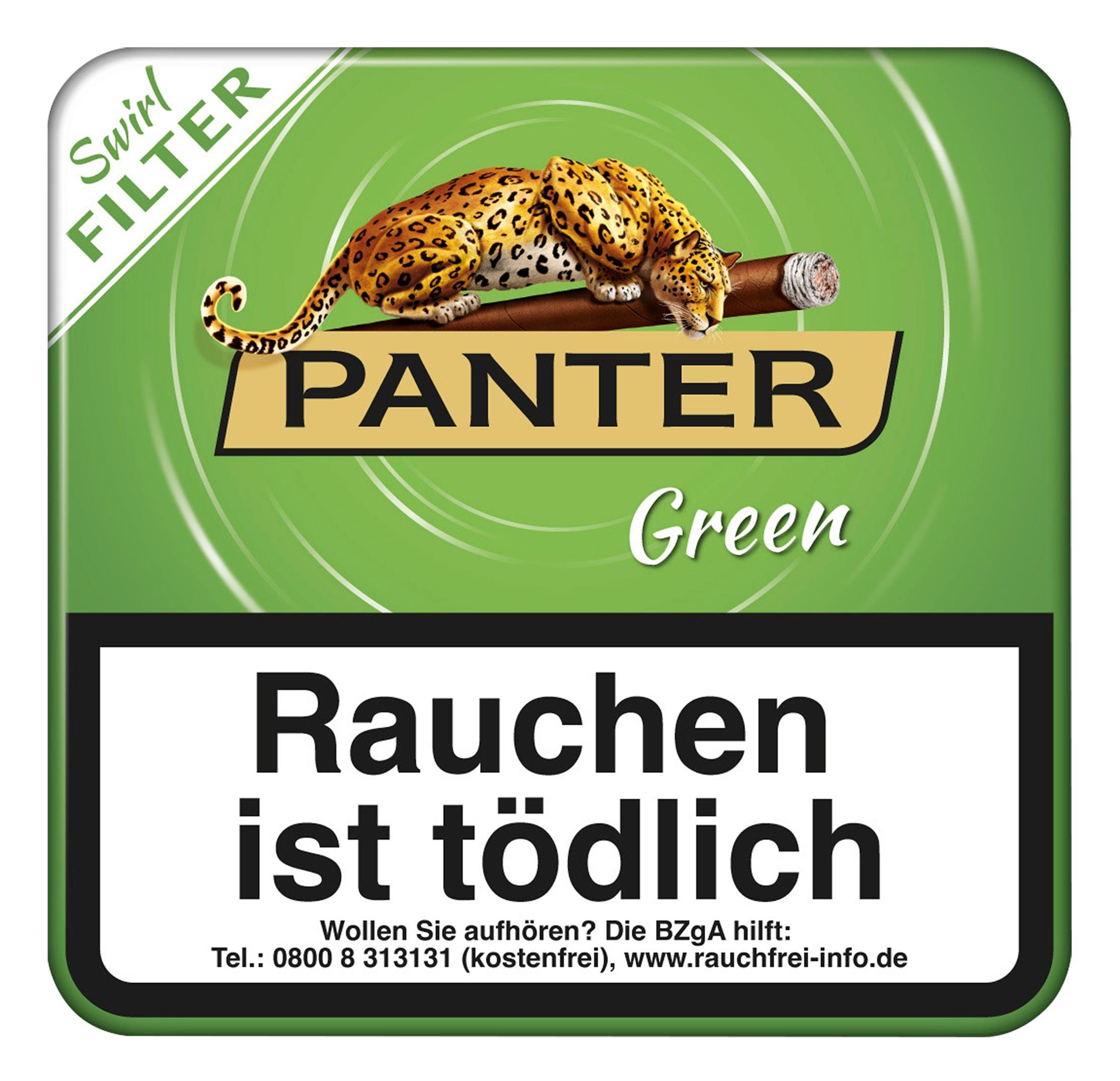 Panter Swirl Green Filter Zigarillos mit Leopard-Motiv und Warnhinweis, geliefert als Stange mit 5 Packungen zu je 20 Stück.