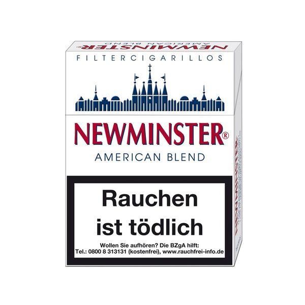 Stange Newminster American Blend Filterzigarillos mit Naturdeckblatt, bestehend aus 8 Packungen à 23 Stück, in weißer Verpackung mit blau-rotem Design, Stadtsilhouette und dem Warnhinweis "Rauchen ist tödlich".