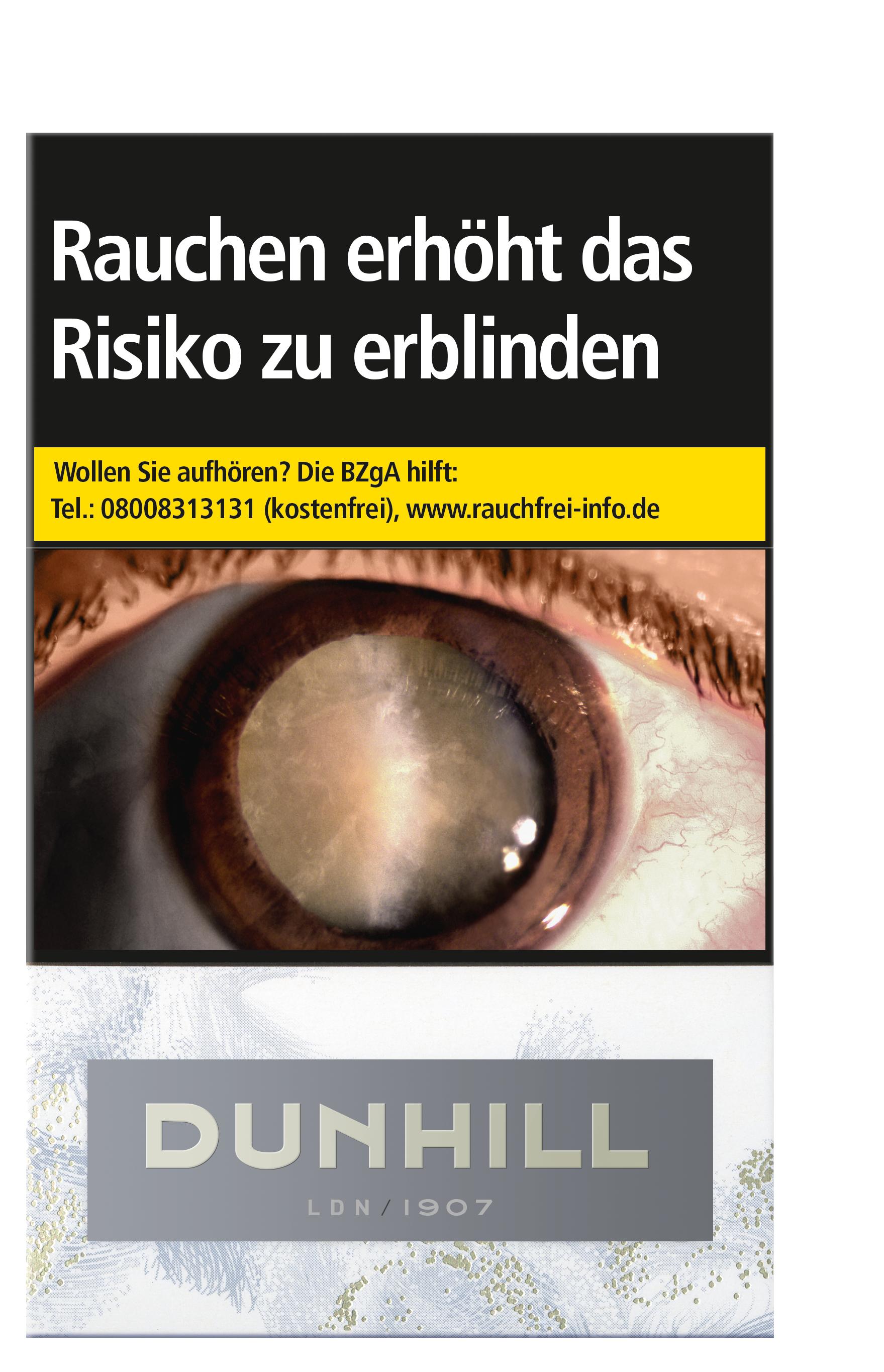 Schwarz-weiße Anzeige für Dunhill White Filterzigaretten (1 Stange): Im Zentrum eine Nahaufnahme eines Auges, umgeben von Warnhinweisen zum Rauchen in weißer Schrift auf grauem Hintergrund, dem Markennamen "Dunhill" und Kontaktdaten zur Rauchentwöhnung. E