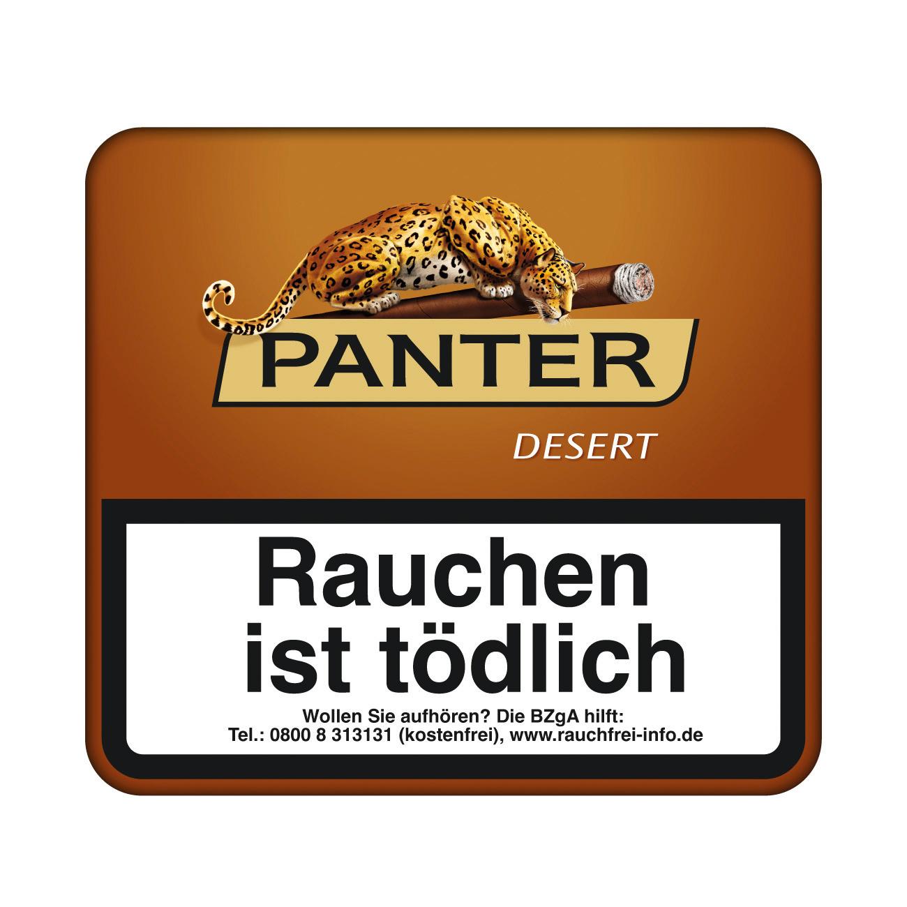 Braune Packung Panter Desert Zigarillos mit goldener Umrandung und Leopard-Motiv des Herstellers Panter. Inklusive Warnhinweis 'Rauchen ist tödlich'. Verpackungseinheit: 1 Stange (10 Packungen à 20 Stück).