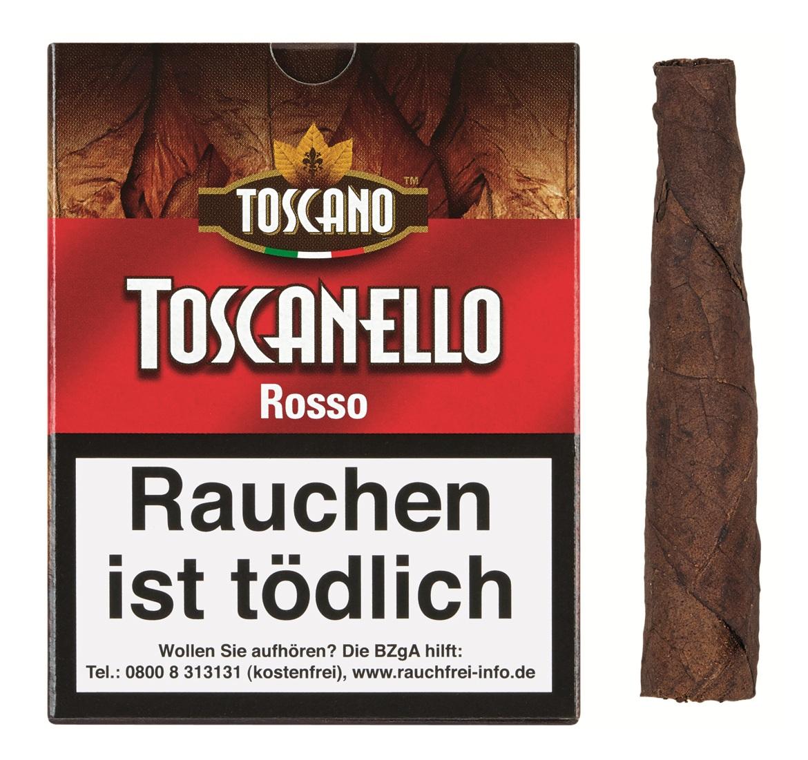 Toscanello Rosso Zigarillos von Toscano in der Stange mit insgesamt 50 Stück, präsentiert in der markanten rot-weißen Originalverpackung mit Markenlogo.