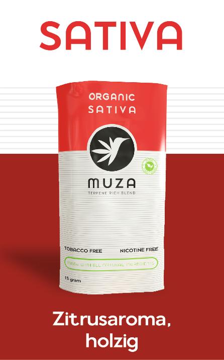 MUZA Sativa terpenreicher Tabakersatz in einem weißen Beutel mit rotem Oberteil, schwarzem Vogel-Logo und 20 Gramm Inhalt.